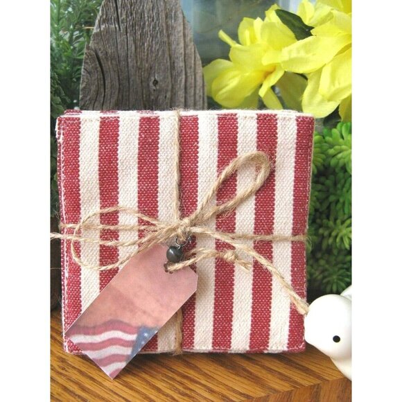 New Rustic American Red & White Stripe Fabric Coasters Set of 6 w/ Flag Tag - Picture 2 of 9